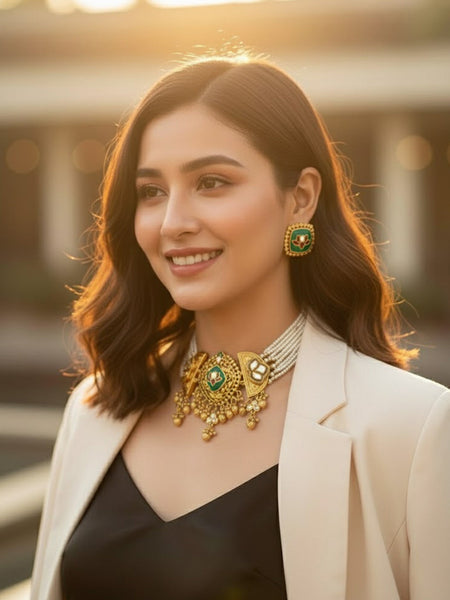 Handcrafted Fusion Brass Choker with Beaded Cheed Design