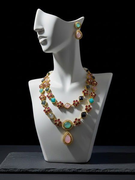 Victorian Style Handcrafted Semi-Precious Stone Brass Necklace Set