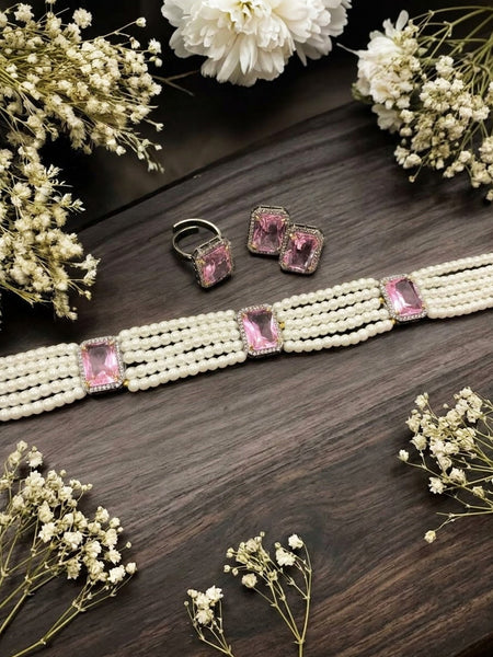 Pink Doublet Pearl Choker Set with American Diamonds