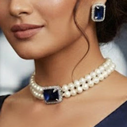 Victorian Polish Shell Pearl Choker with Blue CZ Centerpiece