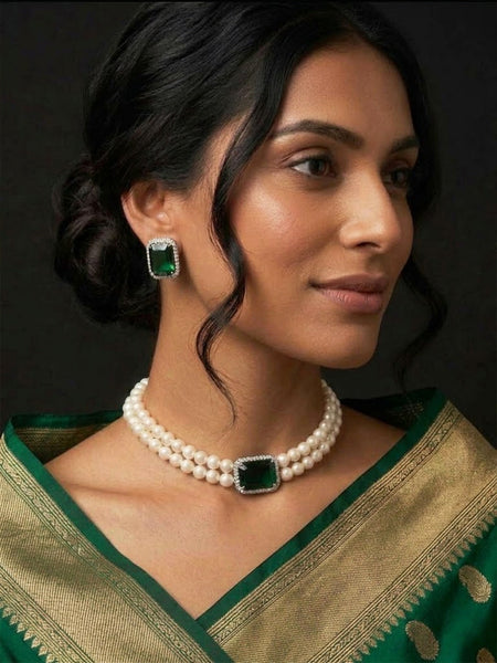 Victorian Polish Shell  Pearl Emerald Green Stone Choker Set