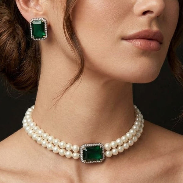 Victorian Polish Shell  Pearl Emerald Green Stone Choker Set