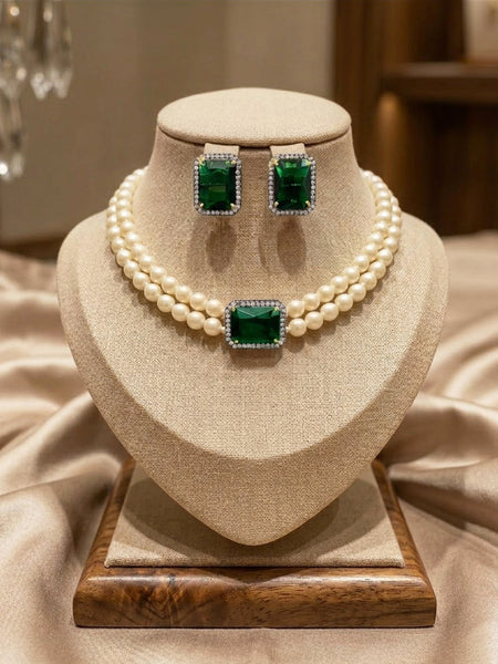 Victorian Polish Shell  Pearl Emerald Green Stone Choker Set