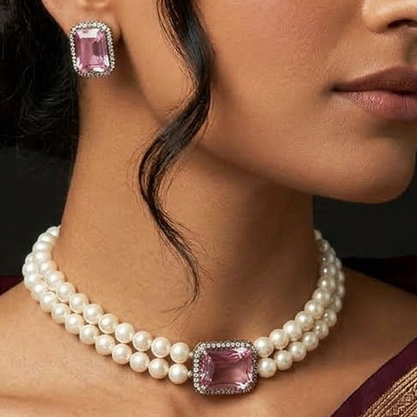 Elegant Pearl & Pink Crystal Necklace Set for Women