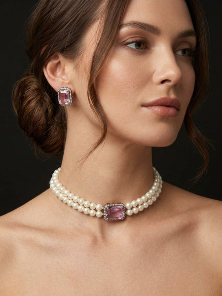 Elegant Pearl & Pink Crystal Necklace Set for Women