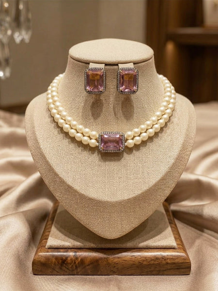 Elegant Pearl & Pink Crystal Necklace Set for Women