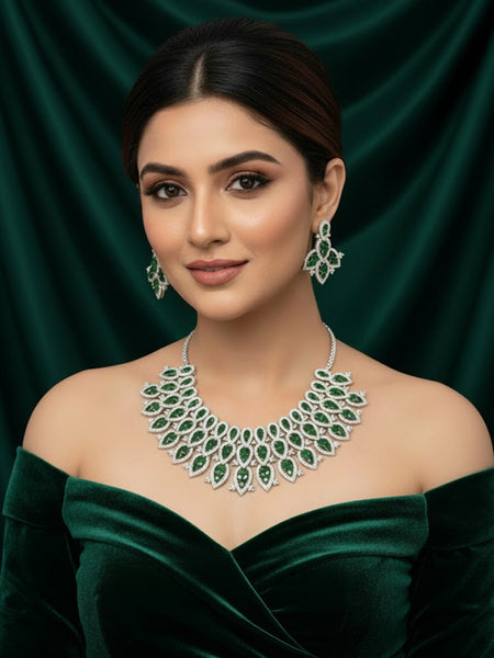 Silver Polish Bridal Necklace Set with Green Doublets & CZ Stones