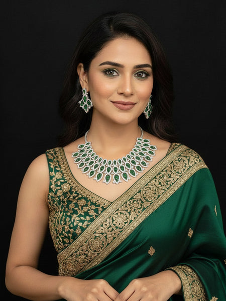 Silver Polish Bridal Necklace Set with Green Doublets & CZ Stones