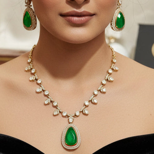 Elegant Teardrop Green Gem Necklace with Earrings