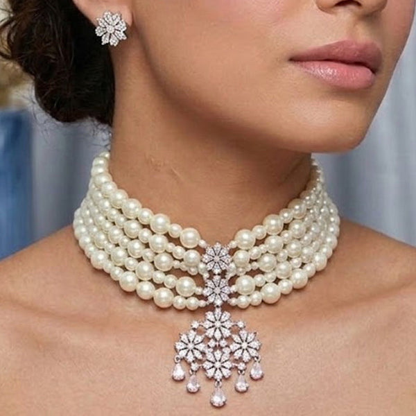 Elegant Multi-Layer Pearl Choker Set with American Diamond Floral Pendant