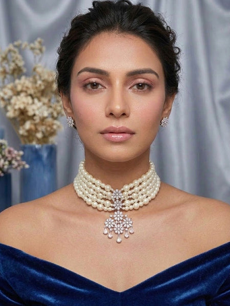 Elegant Multi-Layer Pearl Choker Set with American Diamond Floral Pendant