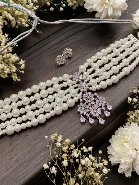 Elegant Multi-Layer Pearl Choker Set with American Diamond Floral Pendant