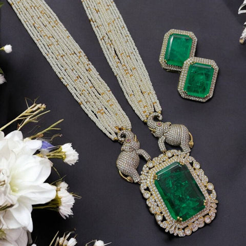 Majestic Emerald & Elephant Motif Long Necklace Set