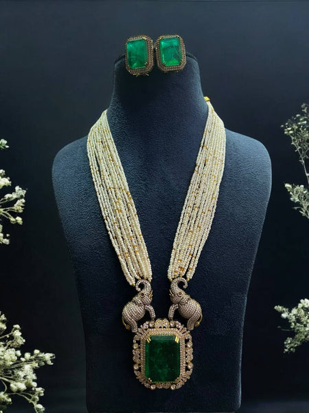Majestic Emerald & Elephant Motif Long Necklace Set