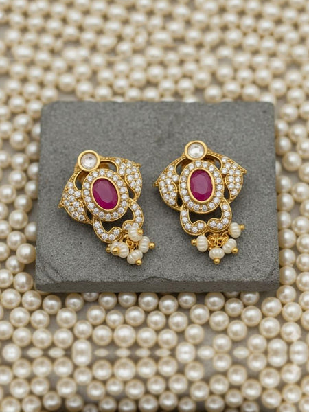 Stylish CZ & Moissanite Polki Pendant Necklace Set in Premium Brass