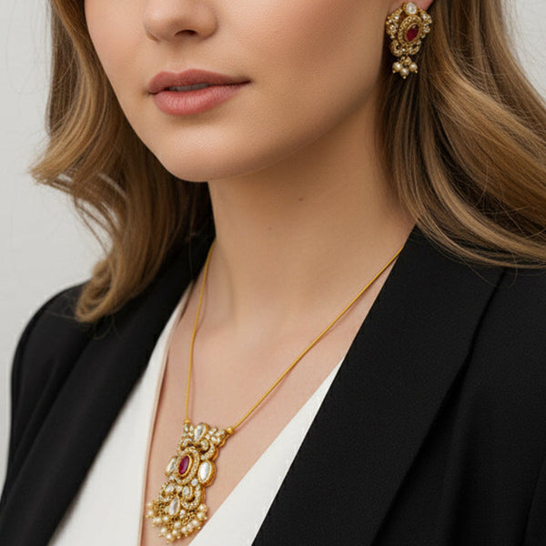 Stylish CZ & Moissanite Polki Pendant Necklace Set in Premium Brass