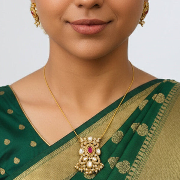 Stylish CZ & Moissanite Polki Pendant Necklace Set in Premium Brass