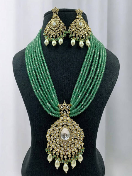 Elegant Green Beaded Kundan Necklace Set with Pearl Drops