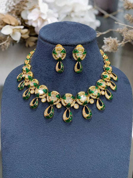 Elegant Moissanite Polki Necklace Set with Golden Polish & Teardrop Danglers