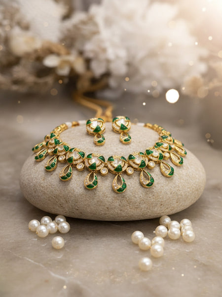 Elegant Moissanite Polki Necklace Set with Golden Polish & Teardrop Danglers