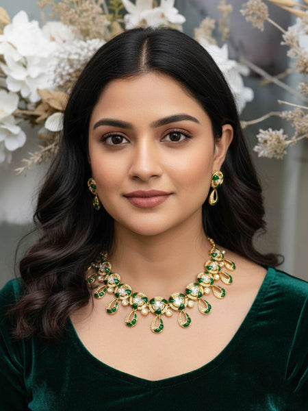 Elegant Moissanite Polki Necklace Set with Golden Polish & Teardrop Danglers