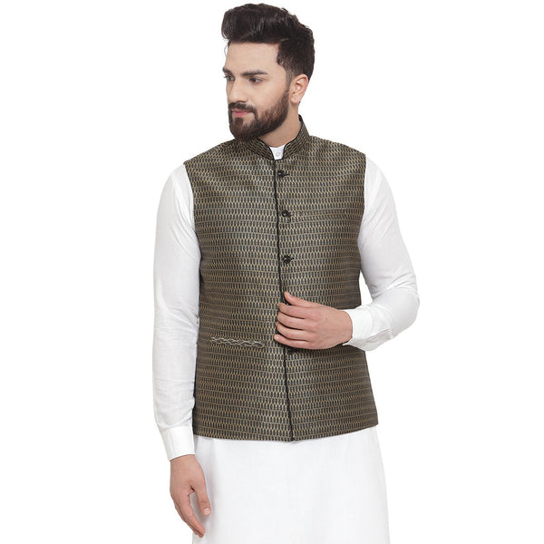Luxury at Less New Designer Men Black And Golden Brocade Nehru Jacket For Men
