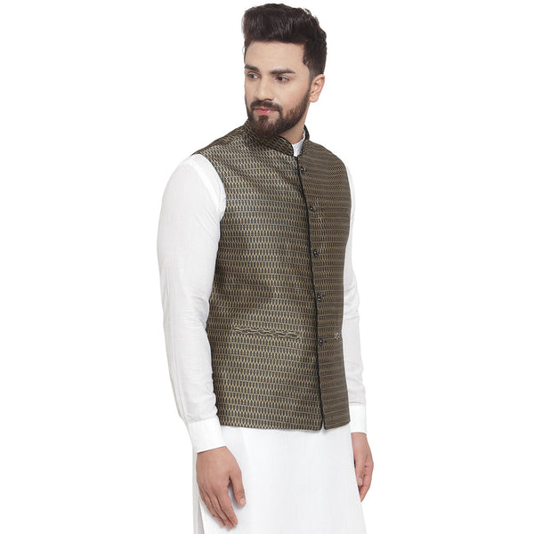 Luxury at Less New Designer Men Black And Golden Brocade Nehru Jacket For Men