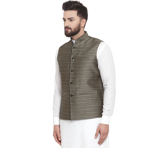 Luxury at Less New Designer Men Black And Golden Brocade Nehru Jacket For Men