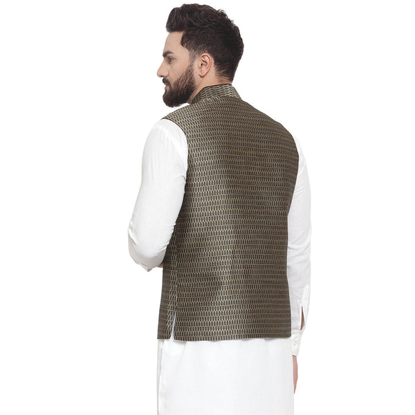 Luxury at Less New Designer Men Black And Golden Brocade Nehru Jacket For Men