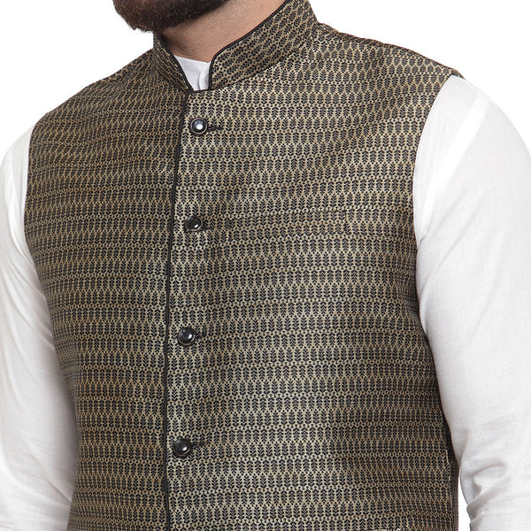 Luxury at Less New Designer Men Black And Golden Brocade Nehru Jacket For Men