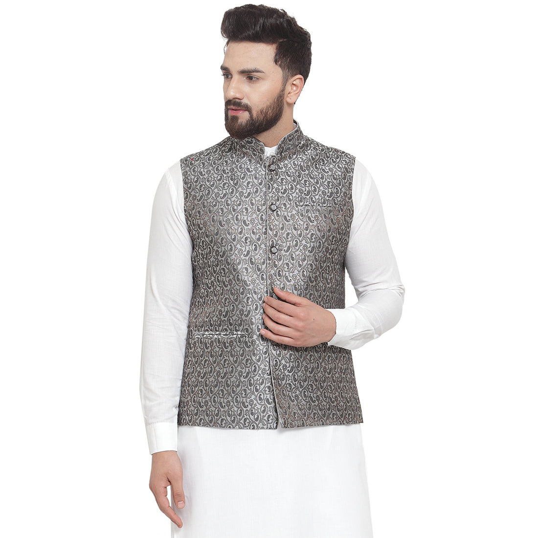 Luxury at Less New Designer Men Black And Grey Brocade Nehru Jacket For Men