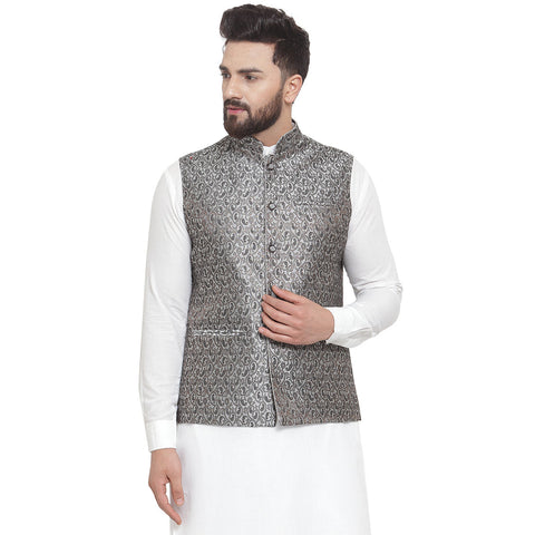 Luxury at Less New Designer Men Black And Grey Brocade Nehru Jacket For Men
