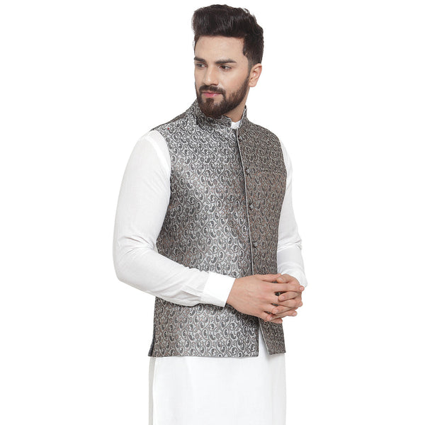 Luxury at Less New Designer Men Black And Grey Brocade Nehru Jacket For Men