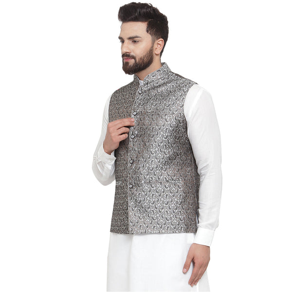 Luxury at Less New Designer Men Black And Grey Brocade Nehru Jacket For Men