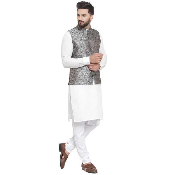 Luxury at Less New Designer Men Black And Grey Brocade Nehru Jacket For Men