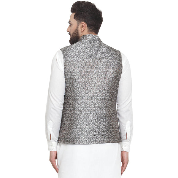 Luxury at Less New Designer Men Black And Grey Brocade Nehru Jacket For Men