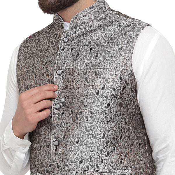 Luxury at Less New Designer Men Black And Grey Brocade Nehru Jacket For Men