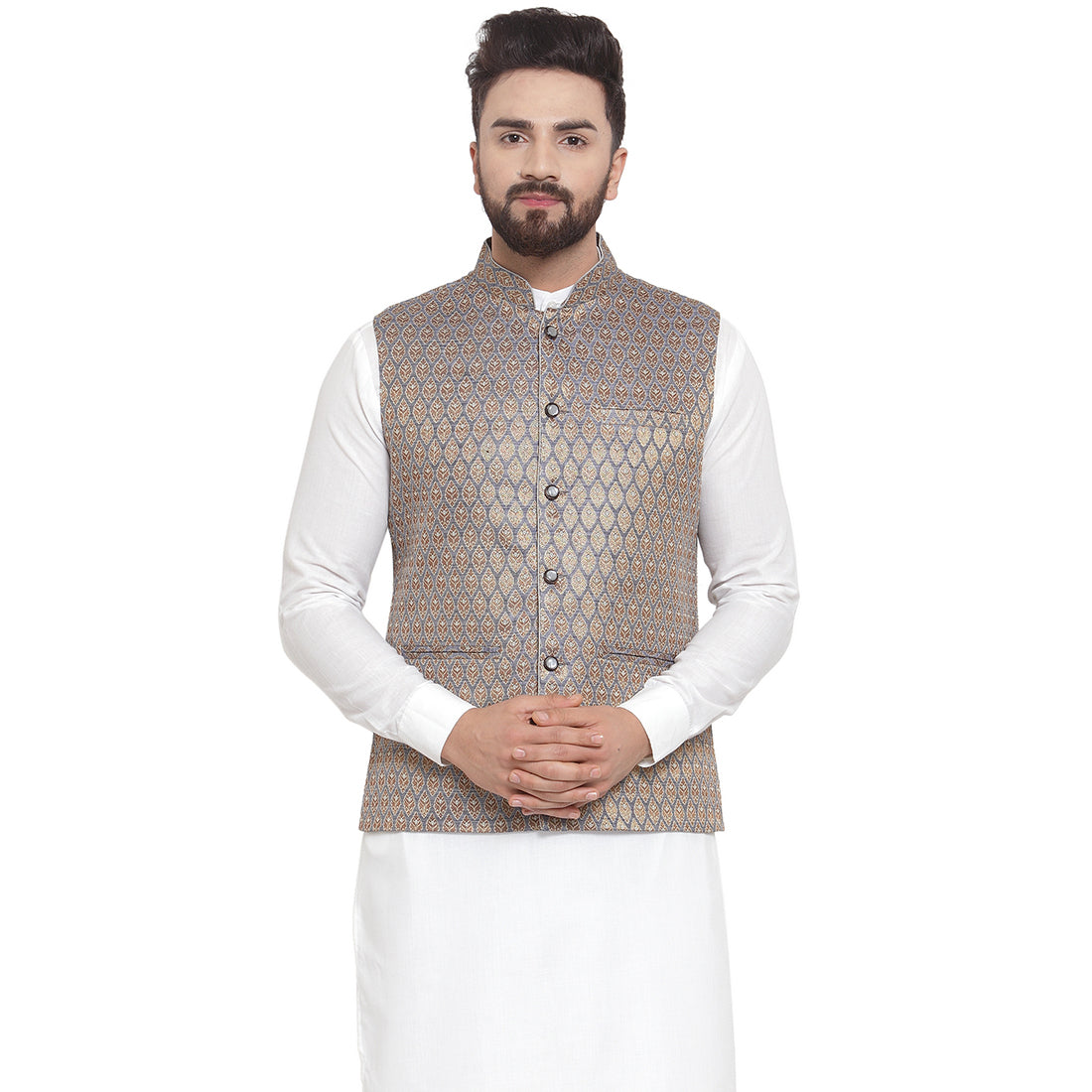 Luxury at Less New Designer Men Blue And Golden Brocade Nehru Jacket For Men
