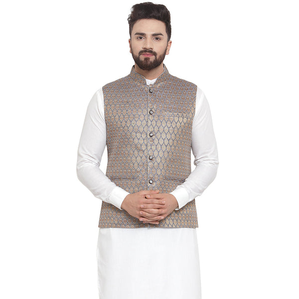 Luxury at Less New Designer Men Blue And Golden Brocade Nehru Jacket For Men
