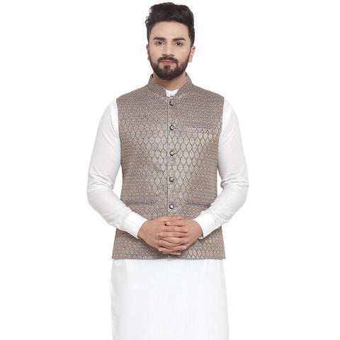 Luxury at Less New Designer Men Blue And Golden Brocade Nehru Jacket For Men