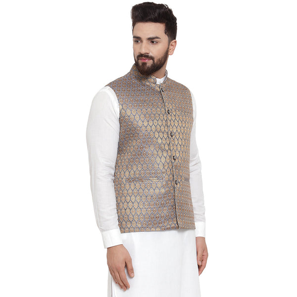 Luxury at Less New Designer Men Blue And Golden Brocade Nehru Jacket For Men