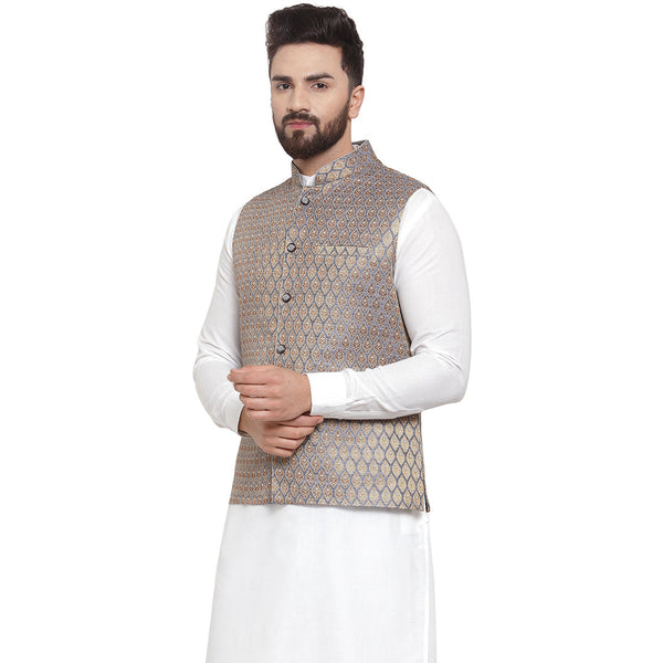 Luxury at Less New Designer Men Blue And Golden Brocade Nehru Jacket For Men