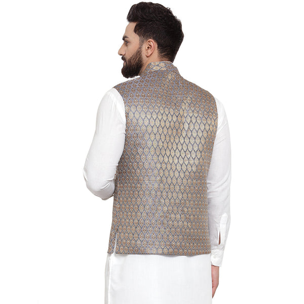 Luxury at Less New Designer Men Blue And Golden Brocade Nehru Jacket For Men