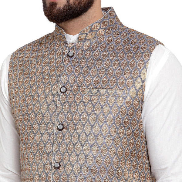 Luxury at Less New Designer Men Blue And Golden Brocade Nehru Jacket For Men