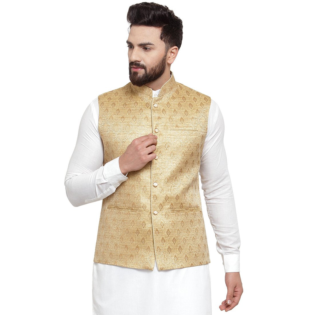 New Designer Men Golden Brocade Nehru Jacket By Luxury at Less