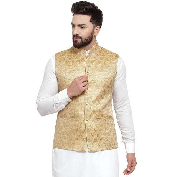 New Designer Men Golden Brocade Nehru Jacket By Luxury at Less