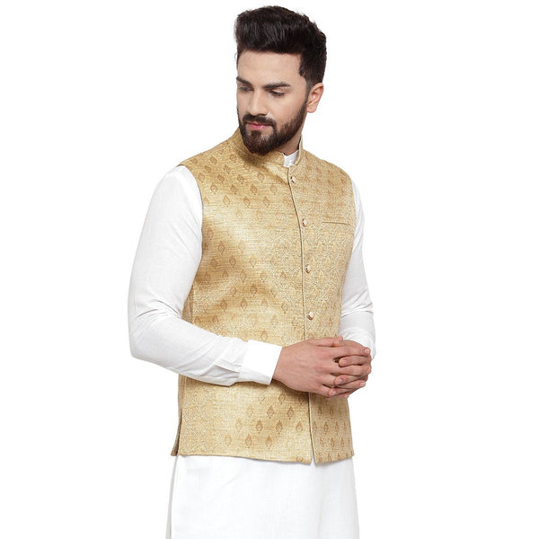 New Designer Men Golden Brocade Nehru Jacket By Luxury at Less