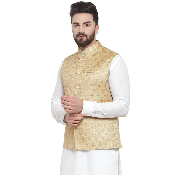 New Designer Men Golden Brocade Nehru Jacket By Luxury at Less