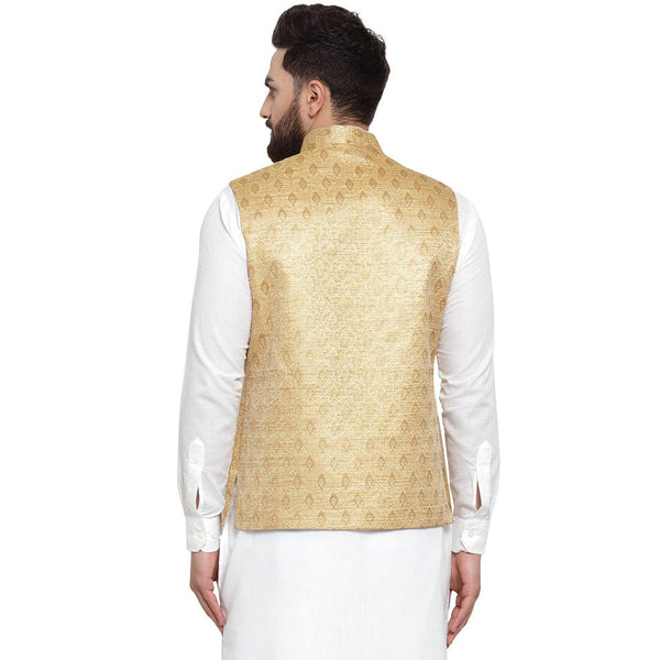 New Designer Men Golden Brocade Nehru Jacket By Luxury at Less