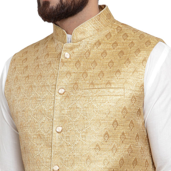 New Designer Men Golden Brocade Nehru Jacket By Luxury at Less